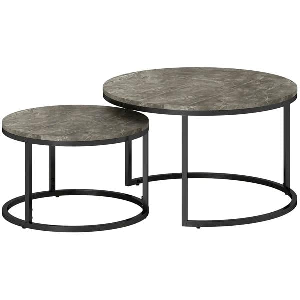 Set of 2 round nesting coffee tables with dark faux-marble tops and black steel frames