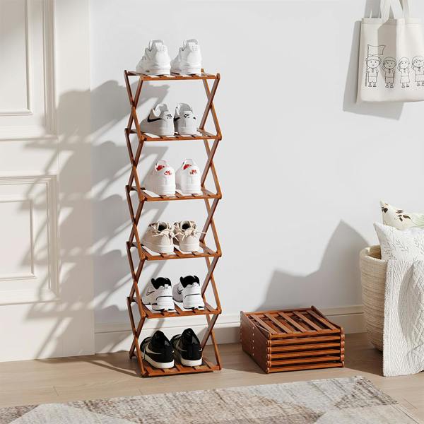 Living and Home 6 Tier Bamboo Folding Shoe Rack Shoe Storage Organiser - Walnut