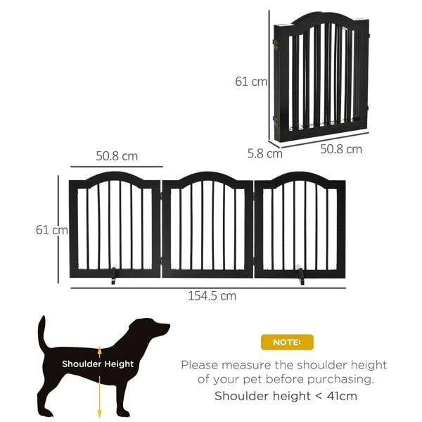 Black foldable pet gate with vertical bars and arched sections, shown with size measurements
