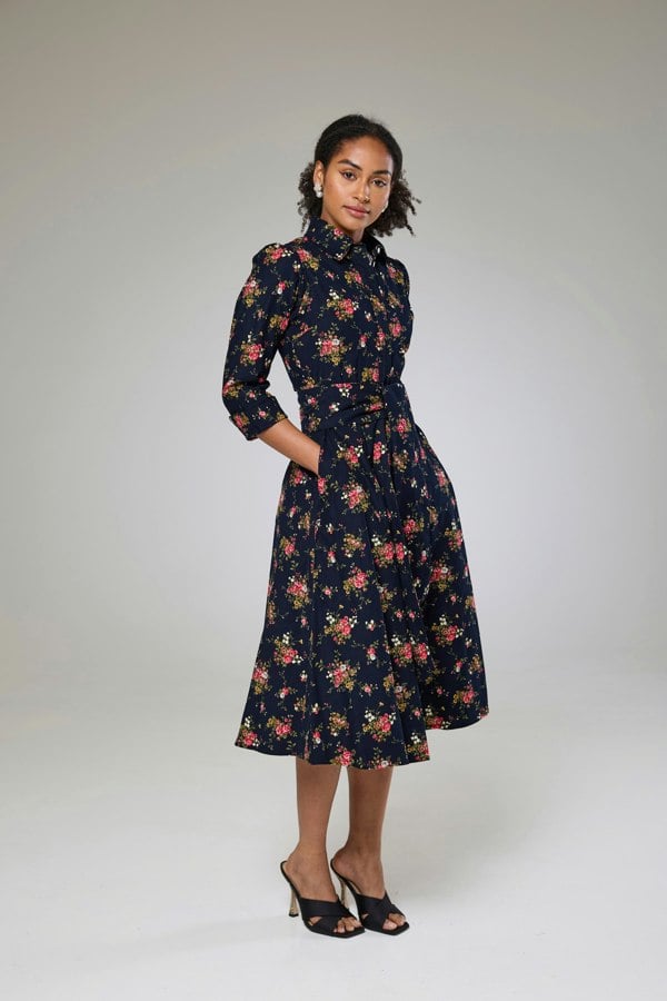 Isha's Timeless collection Navy Flora Cord Long Sleeve Dress