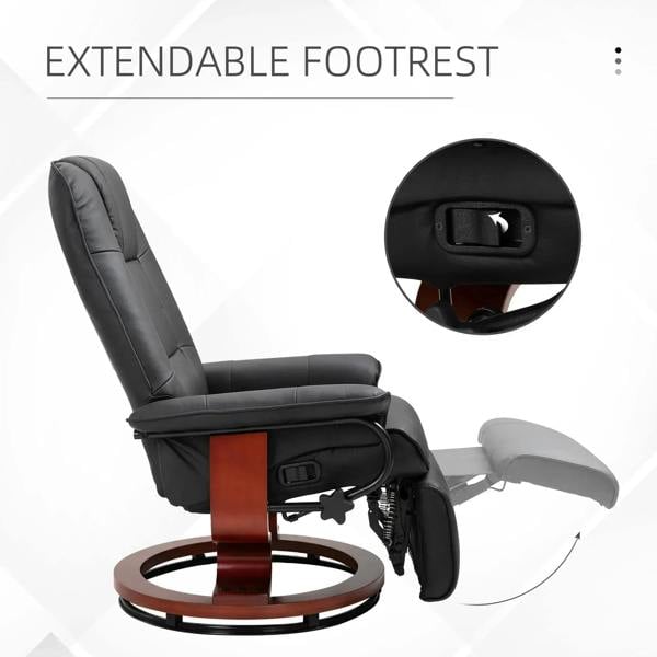 Black reclining swivel chair with extendable footrest and arm controls