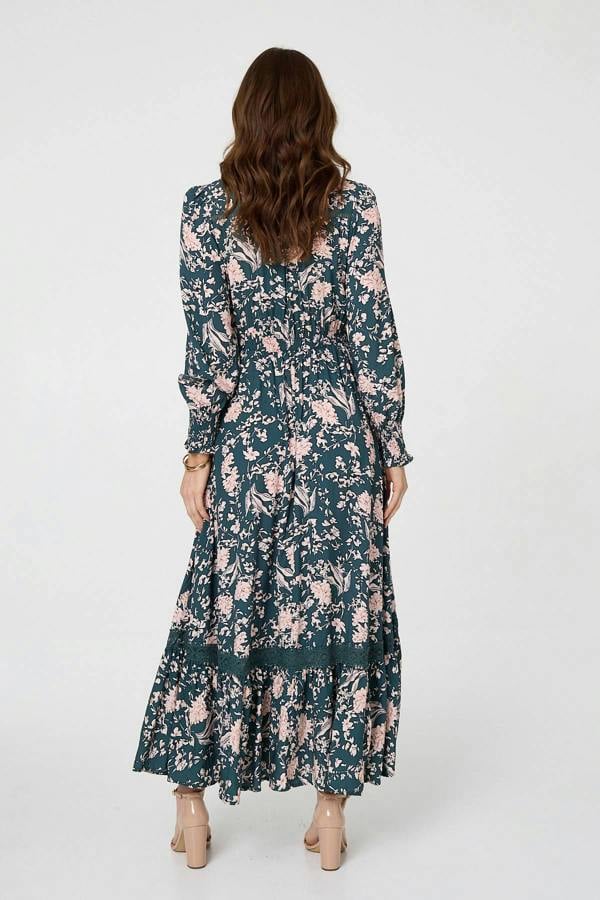Teal | Floral Long Sleeve Lace Maxi Dress