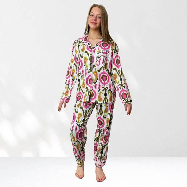 Hayley & Co Ikat Print 100% Cotton Long Pyjama Set in White and Print