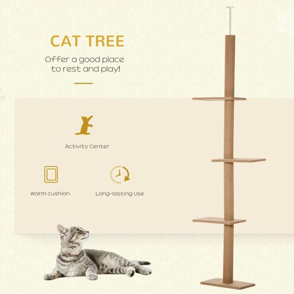 Brown cat tree activity center with four platforms and a resting spot for cats