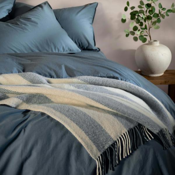 Mediterranean Blue Brushed Wool Stripe Throw - breathable, close-up detail 2 | Soak and Sleep