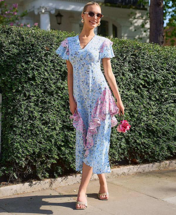Needs No Label Blue Ditsy Floral Ruffle Mix and Match Midi Dress