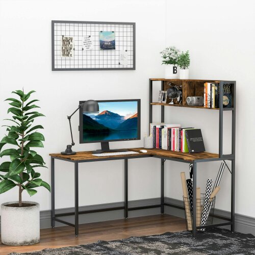 Wyld Haus Monoba 140cm Mani Metal And Wooden Brown Industrial L Shaped Desk With Bookshelf