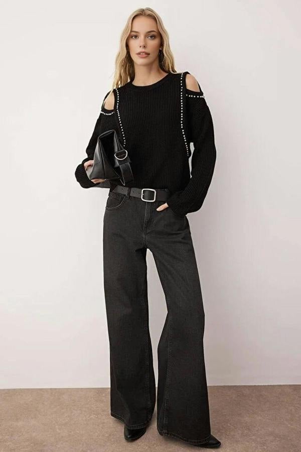 WOVCOR Pearl Embellished Knit Sweater with Shoulder Cut Out Detail