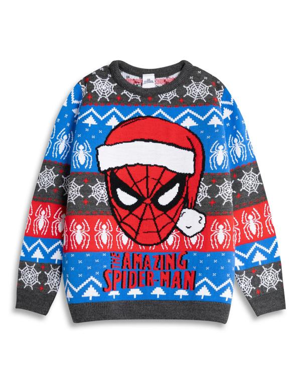 Spiderman Boys Blue Character Face Christmas Jumper