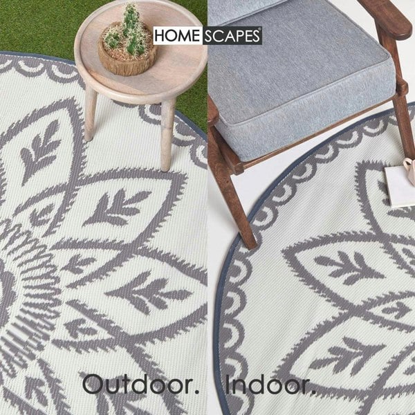 HOMESCAPES Round Outdoor Rug Luxury Waterproof Reversible Recycled, For Garden, Henna