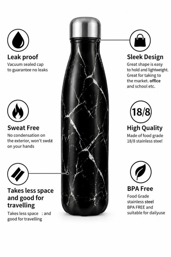 Dyzi 500ml Stainless Steel Water Bottle Leak Proof Black Marble