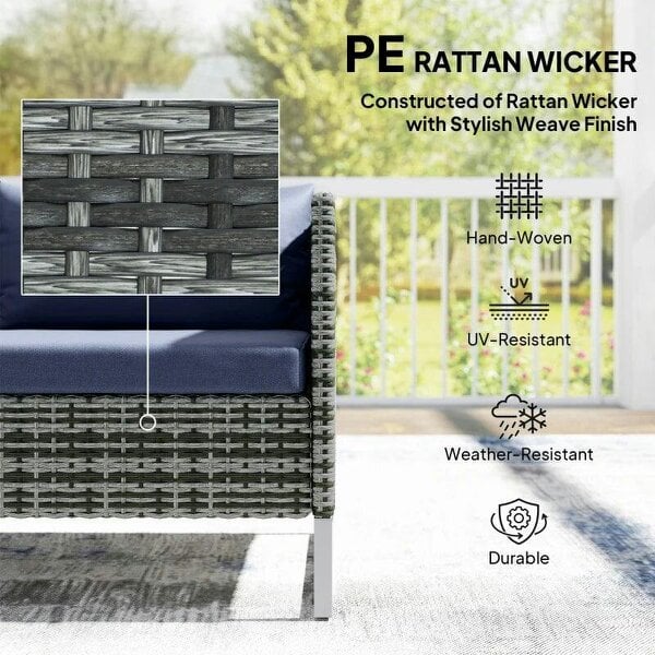 4 Piece Rattan Garden Furniture Set, Outdoor Corner Sofa Set with Storage Table, Loveseats, Cushions - Dark Blue