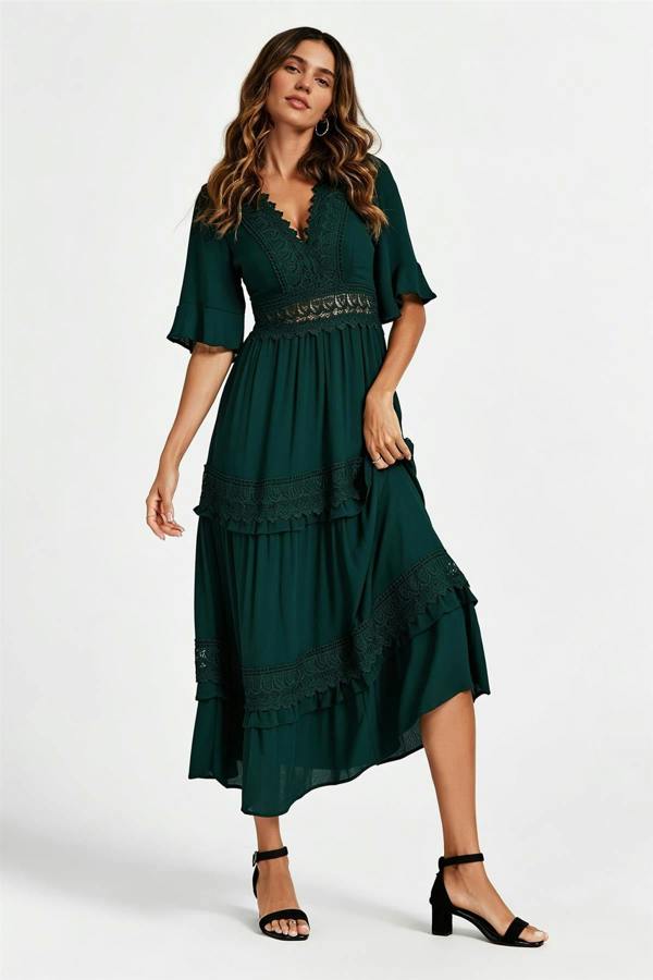 FS Collection V Neck Lace Detail Midi Dress In Forest Green