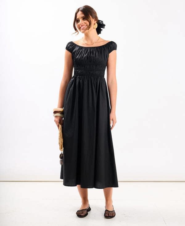 Needs No Label Black Cotton Shirred Bardot Midi Dress