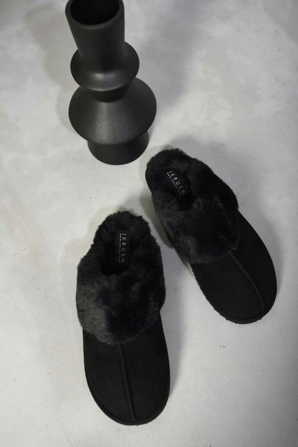 Josie Fuzzy Faux Fur Lined Slip-on Slippers - Black