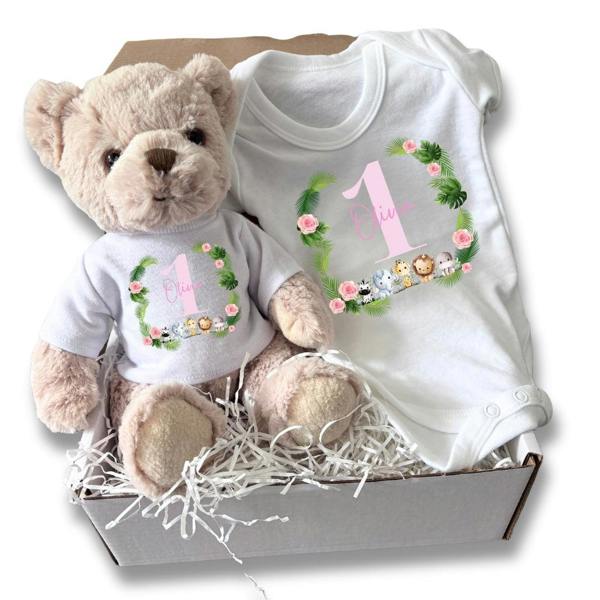 Personalised Pink Girls 1st Baby Gift Box - Teddy & Vest