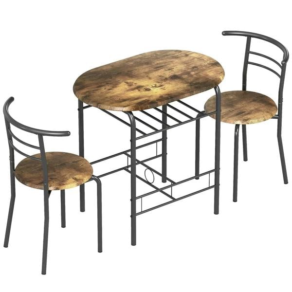 Rustic brown dining set: oval table and two round stools with black metal frames