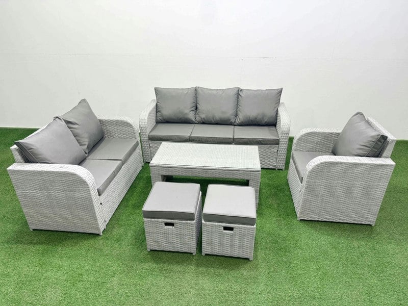 Fimous 8 Seater Rattan Outdoor Sofa Set - Light Grey PE Wicker with Oblong Coffee Table, Reclining Chair, Loveseat & 3-Seater Sofa