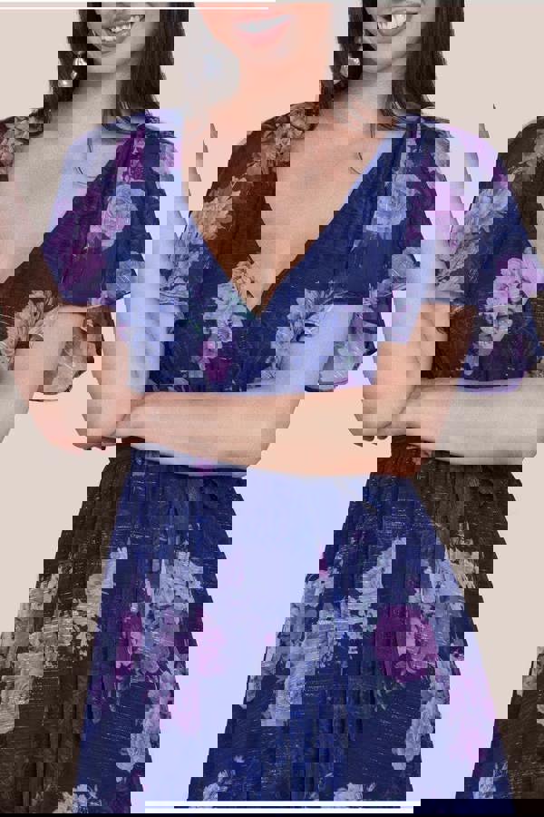 Printed Lurex A-Line Flutter Sleeve Midi Dress - Navy DR4516