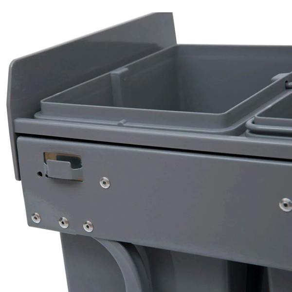 Grey pull-out recycling bin front with latch panel and mounting hardware