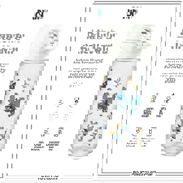 A water bottle, adorned with butterfly and dragonfly designs, sits against a white background. The bottle is made from a plant-based polymer and is described as carbon neutral, BPA free, odour resistant, and dishwasher safe. The text also includes “Better for the World” and “ION8”.