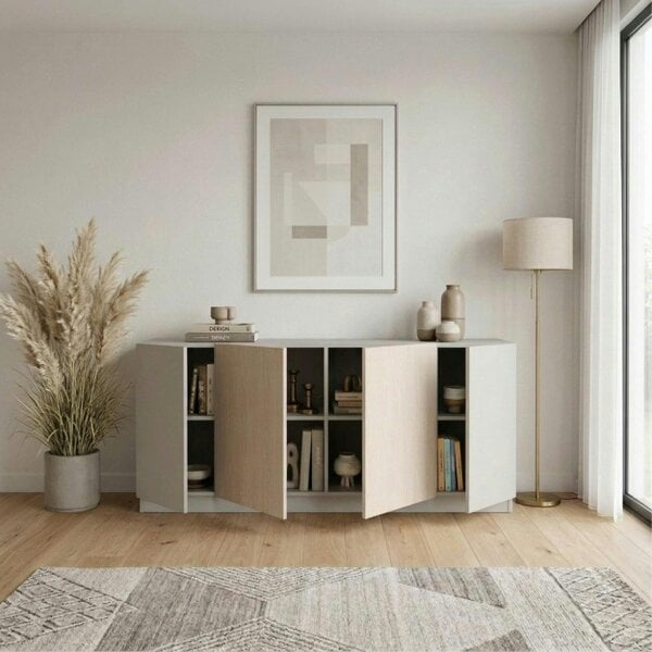 Decortie Victor Console Sideboard 4 Doors Sandstone Sonoma Oak White 170 x 42.1 x 80.3 cm (Sandstone and Sonoma Oak and White)
