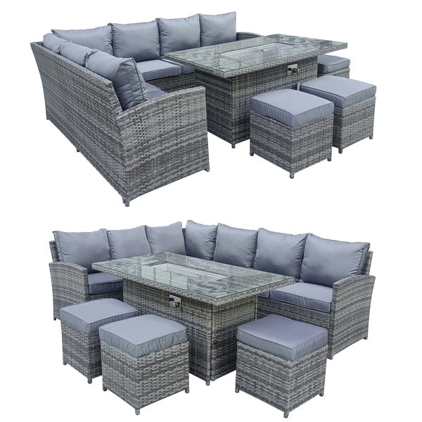 Furniture One 9 Seater Rattan Patio Dining Table Set with Table, Padded Corner Sofa, 3 Stool Outdoor Corner Sofa Set, All-Weather Patio Set