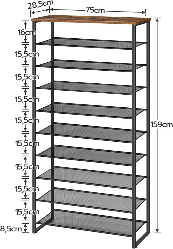 Rafaelo Mobilia Rustic Industrial 10 Tier Shoe Rack - Shoe Storage