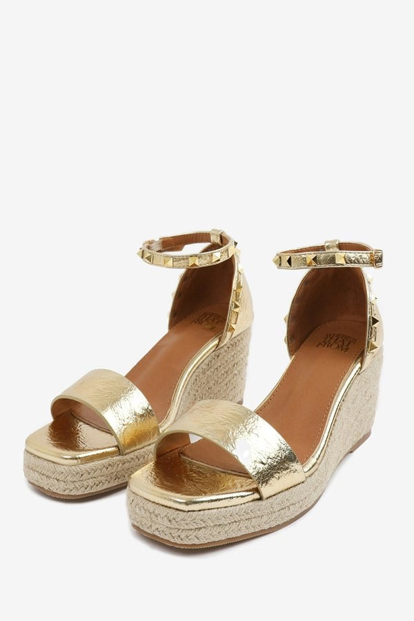 Where's That From Presley Wedge Sandals With Gladiator  Ankle Strap in Gold Crease Pu