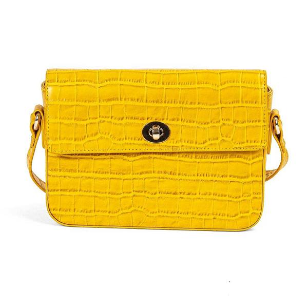 Pia Yellow Croc-Embossed Leather Cross-Body Bag, Slim Satchel with Gold