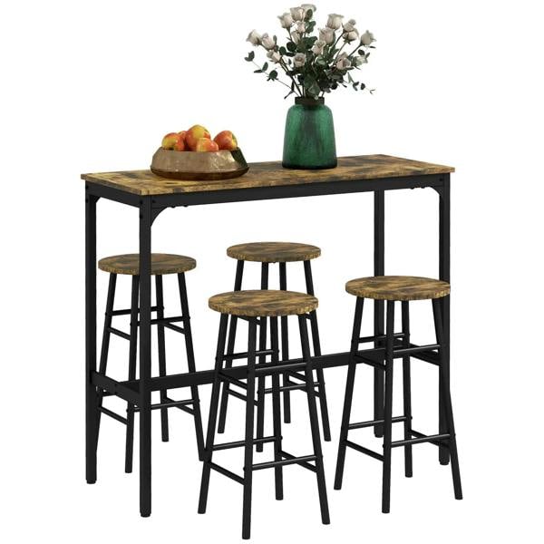 Rustic brown 5-piece bar table set with four stools, industrial black metal frame