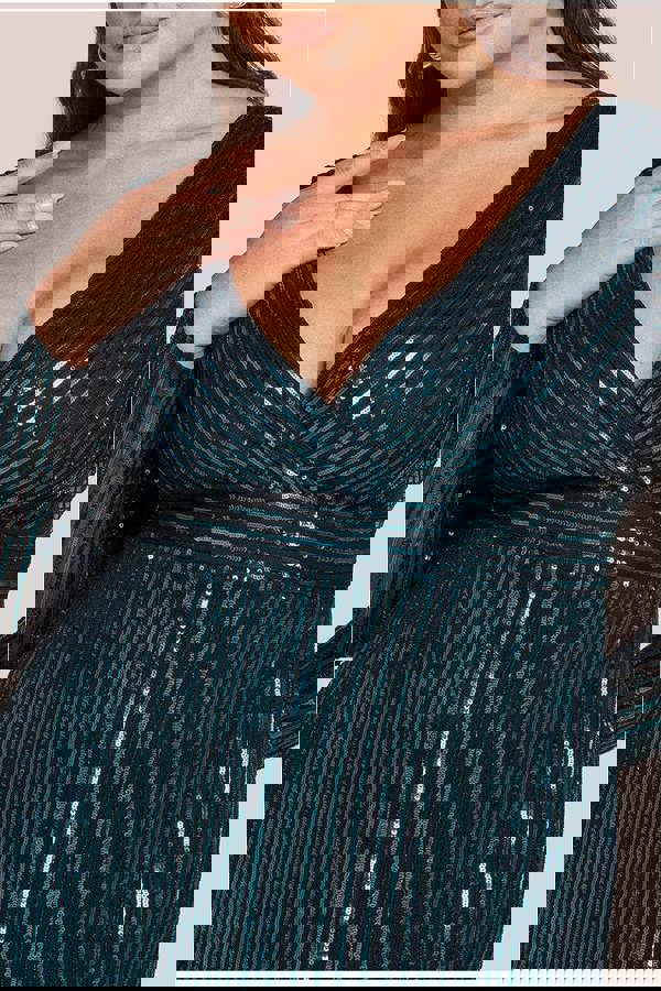 Long Sleeve Sequin V Wrap Maxi Dress - Emerald Green DR3485PLUS