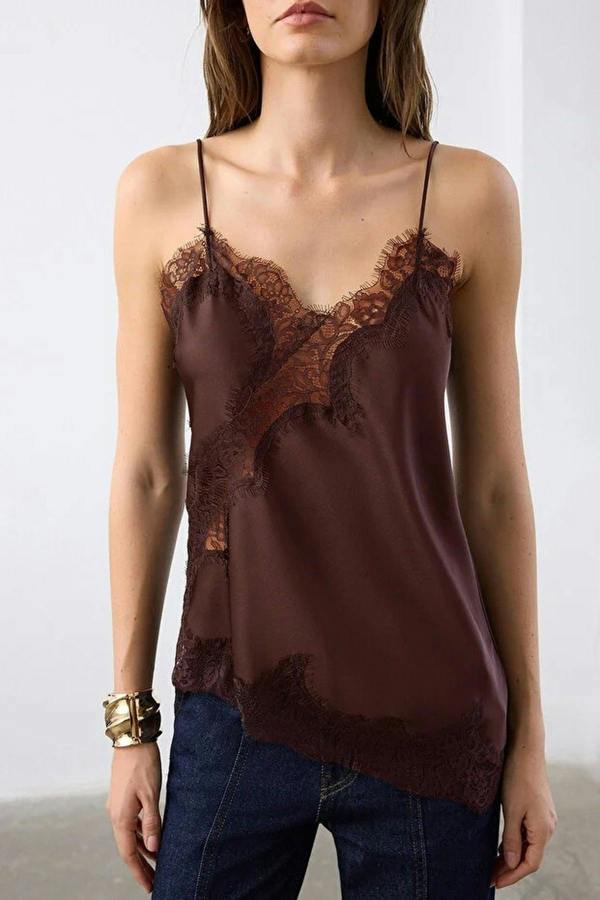 WOVCOR Asymmetrical Cut Satin Blouse with Lace Detail