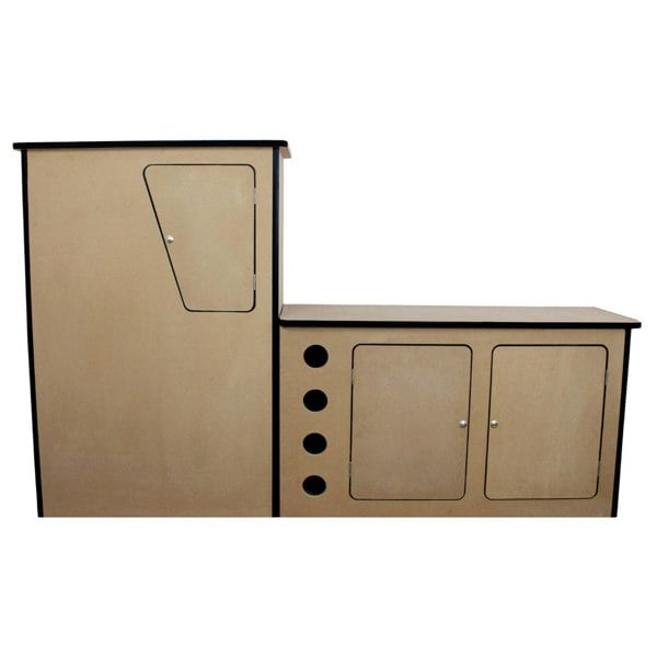 MDF Camper Van Kitchen Unit LHD in light wood finish, featuring a tall cupboard, two cabinets, and circular cutouts for ventilation