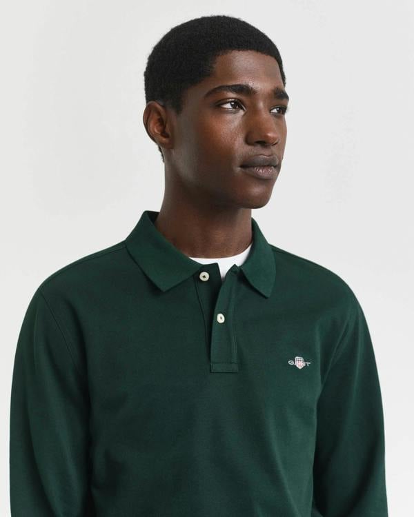 GANT Mens Regular Fit Long Sleeve Shield Logo Pique Rugger - 374 Tartan Green | CHO | Designer Mens Long Sleeve Polo Shirts
