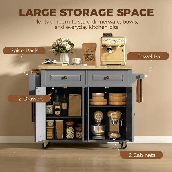 Kitchen Island on Wheels, Rolling Kitchen Trolley with Rubberwood Top, 2 Drawers, Adjustable Shelves, Grey
