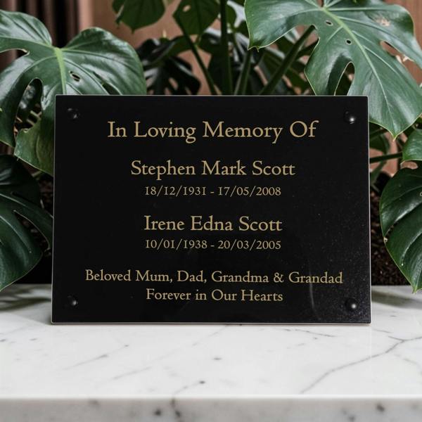 Memorials Direct Granite Memorial Wall Mounted Plaque for Two Names, Free Personalised Gold Engraving