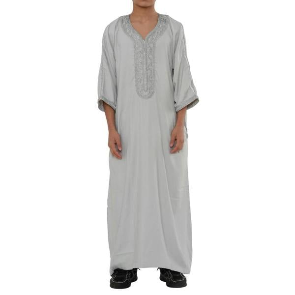 Boy's Moroccan Thobe Half Sleeve Gandoura Embroidery Kaftan - Grey - Thobez - 35