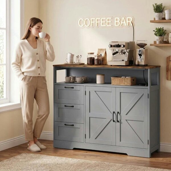 Sideboard Cabinet with Power Outlet, Farmhouse Kitchen Cabinet with 3 Drawers and Open Shelf, Grey
