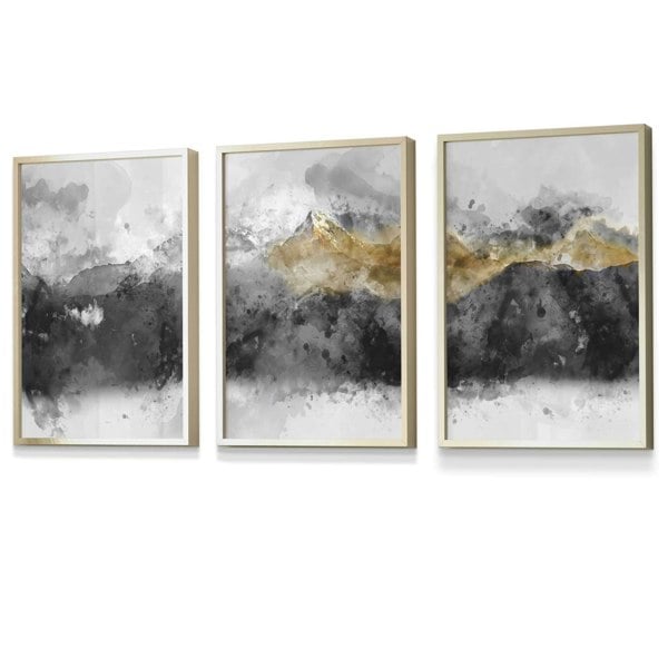 Set of 3 Abstract Mountains Black & Grey Framed Wall Art | Artze Wall Art UK