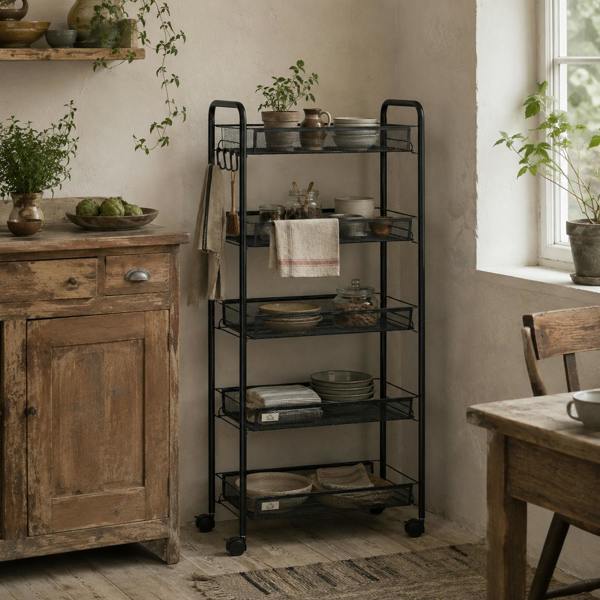 Wyld Haus Velu Metal Black 5 Basket Steel Storage Trolley With Wheels