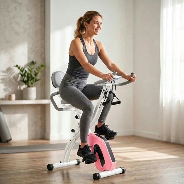 4-In-1 Folding Exercise Bike with Resistance Bands, Bluetooth App, 8-Level Magnetic Resistance, LCD Display, Pink