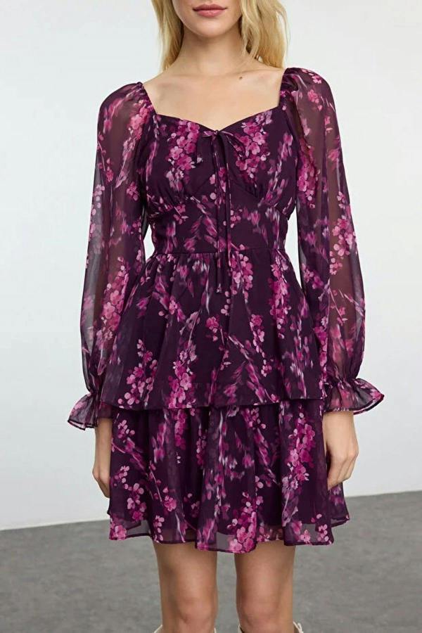 WOVCOR Ruffled Mini Lined Chiffon Woven Dress