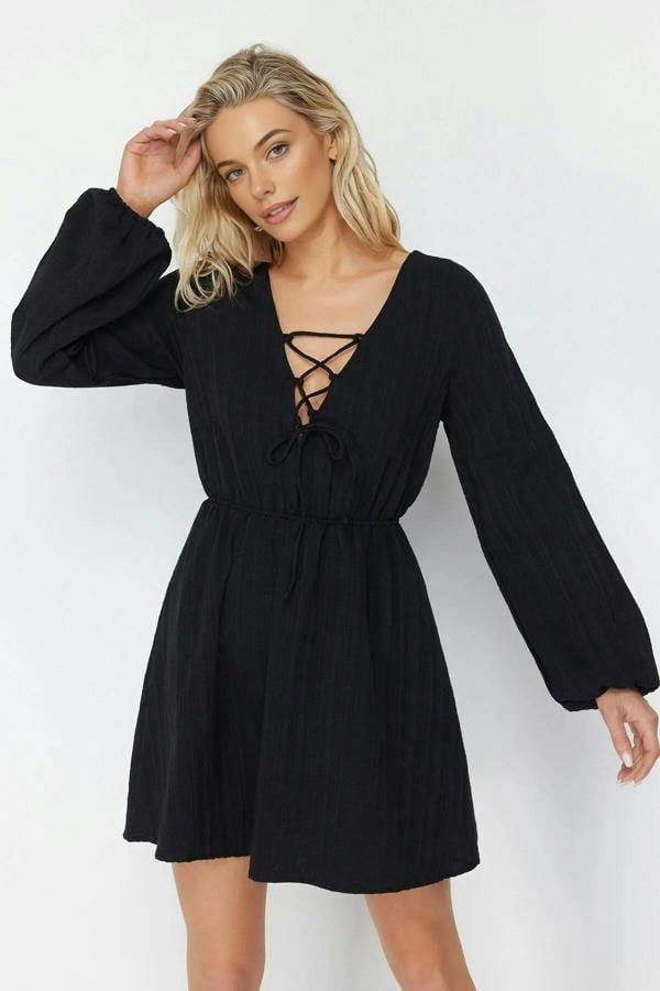 WOVCOR Woven Tie Detail Beach Mini Dress