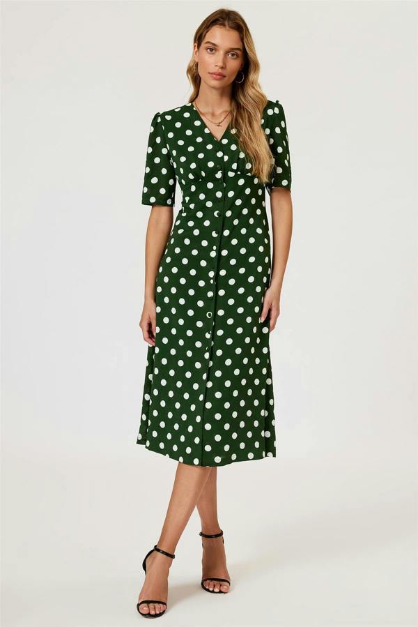 FS Collection Polka Dot Print Button Front Midi Dress In Green