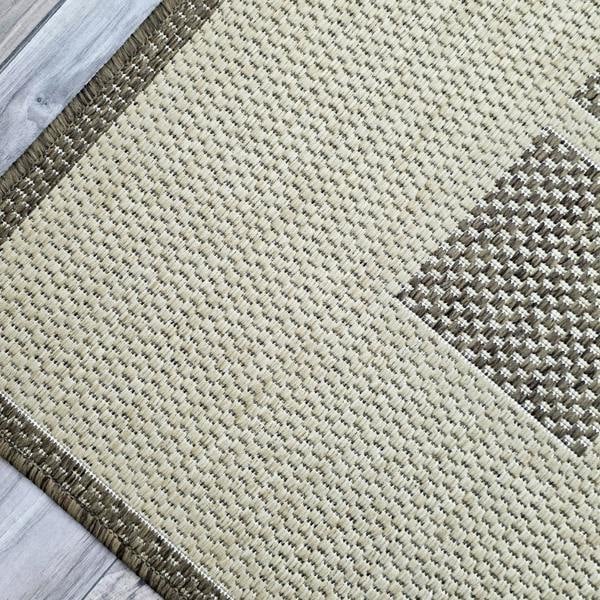 Viva Rugs Non-Slip Beige Brown Rug Geometric Border Design Flat Weave Kitchen Dining Room Living Room Area Mat