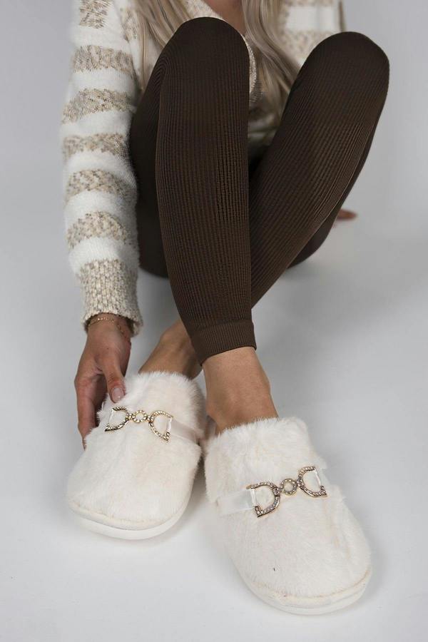 Noelia Faux Fur Slip-on Slippers With Gold Chain Detail - White