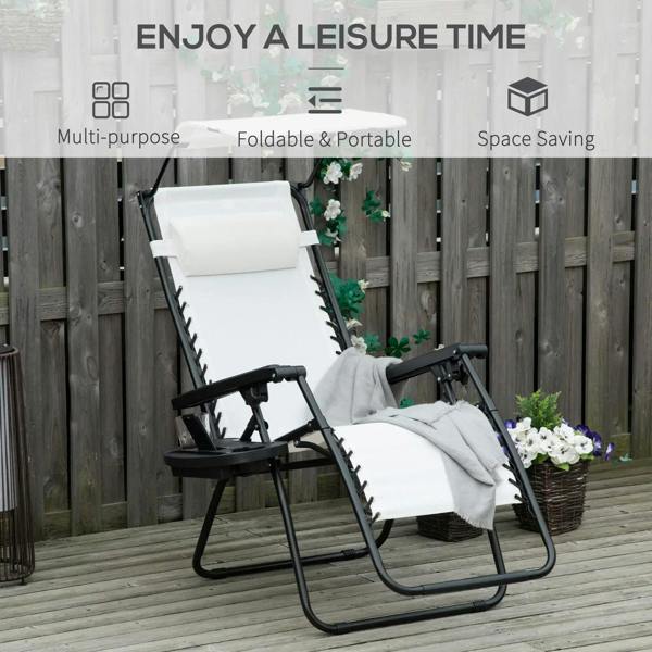 White folding patio sun lounger with canopy shade, padded headrest, and arm cup holder