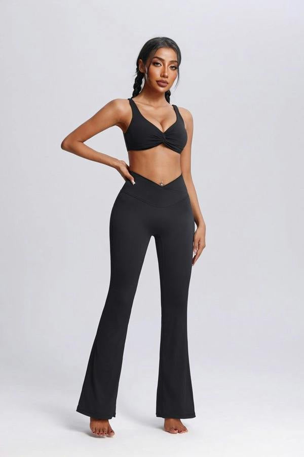 Anniou Crossover Flared Yoga Leggings - Black