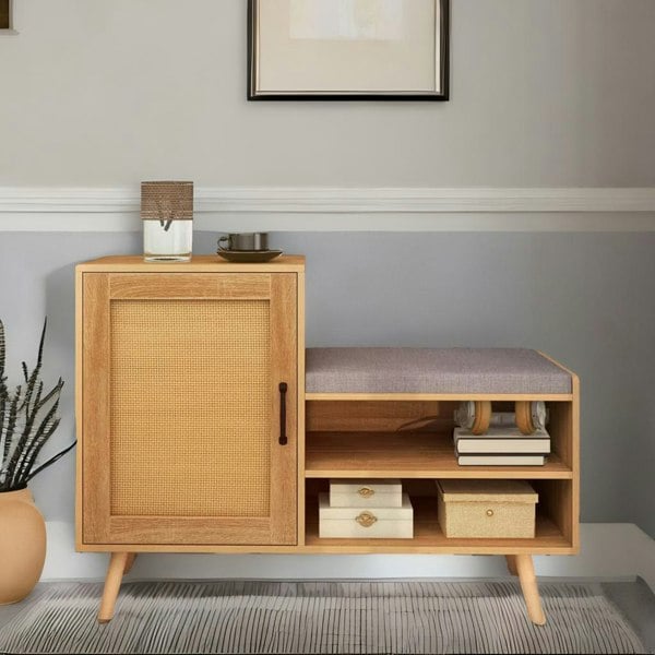 Rafaelo Mobilia Wooden Shoe Storage Bench With Cushioned Seat and Cabinet Brown